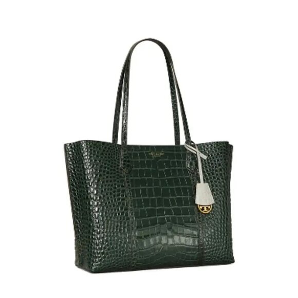 Tory Burch Perry Deep Kelp Leather Tote Triple Compartment Bag Handbag Green NEW - Picture 1 of 9